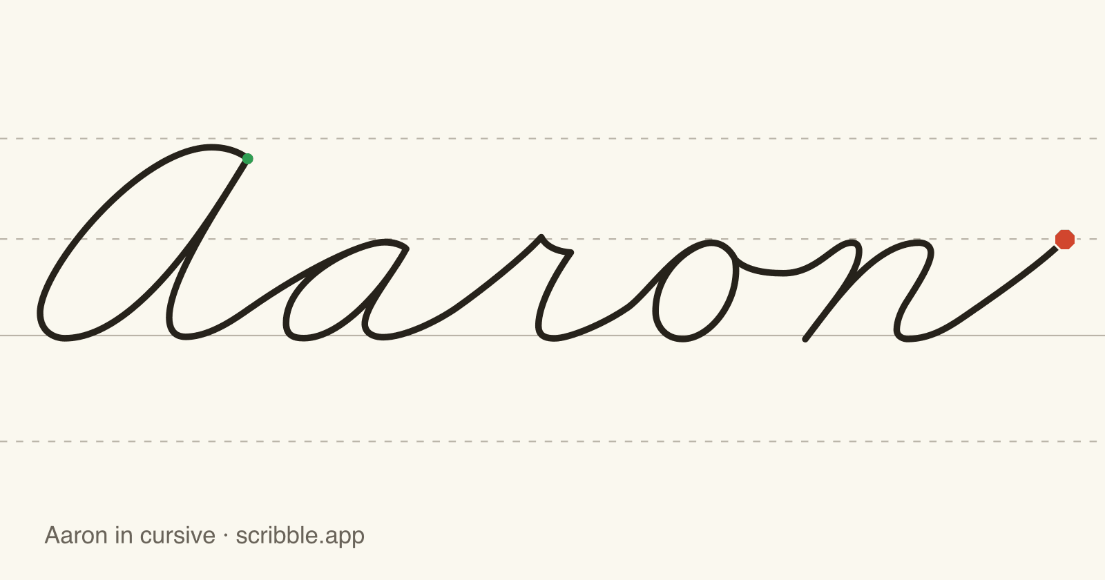 Aaron written in cursive on handwriting guidelines, with a green starting dot and a red stop sign