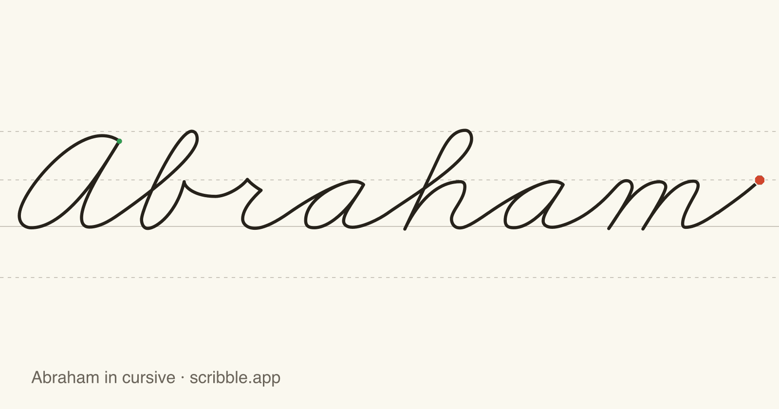 Abraham written in cursive on handwriting guidelines, with a green starting dot and a red stop sign