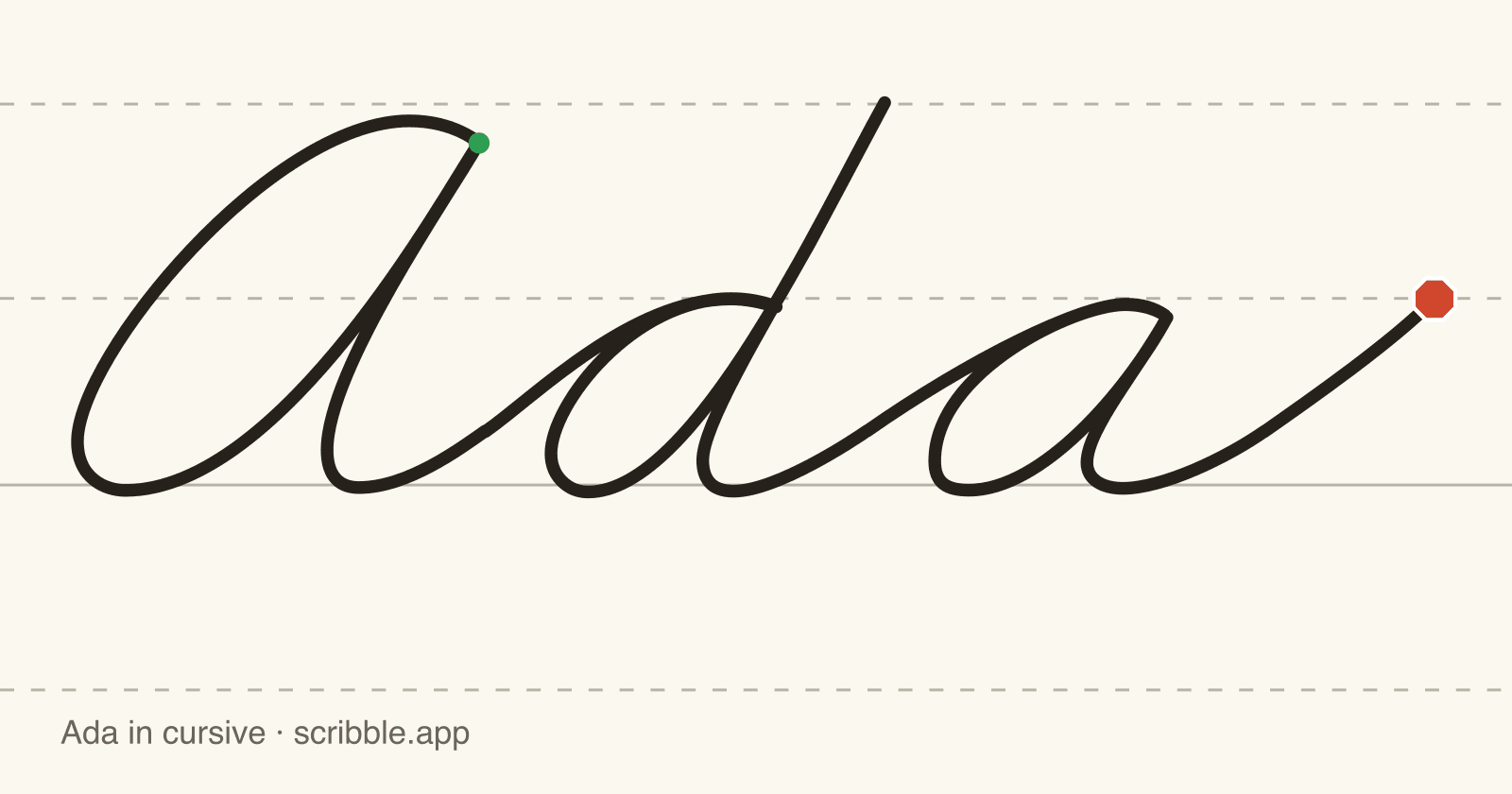 Ada written in cursive on handwriting guidelines, with a green starting dot and a red stop sign
