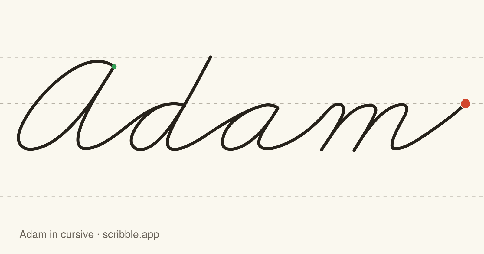 Adam written in cursive on handwriting guidelines, with a green starting dot and a red stop sign