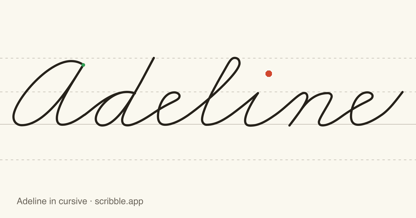 Adeline written in cursive on handwriting guidelines, with a green starting dot and a red stop sign