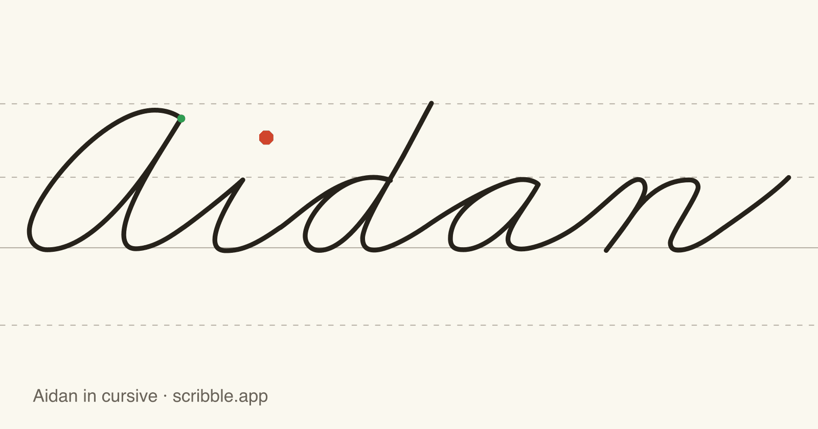 Aidan written in cursive on handwriting guidelines, with a green starting dot and a red stop sign