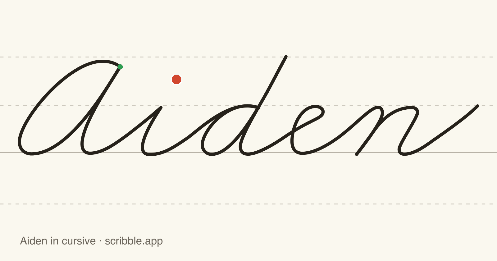 Aiden written in cursive on handwriting guidelines, with a green starting dot and a red stop sign