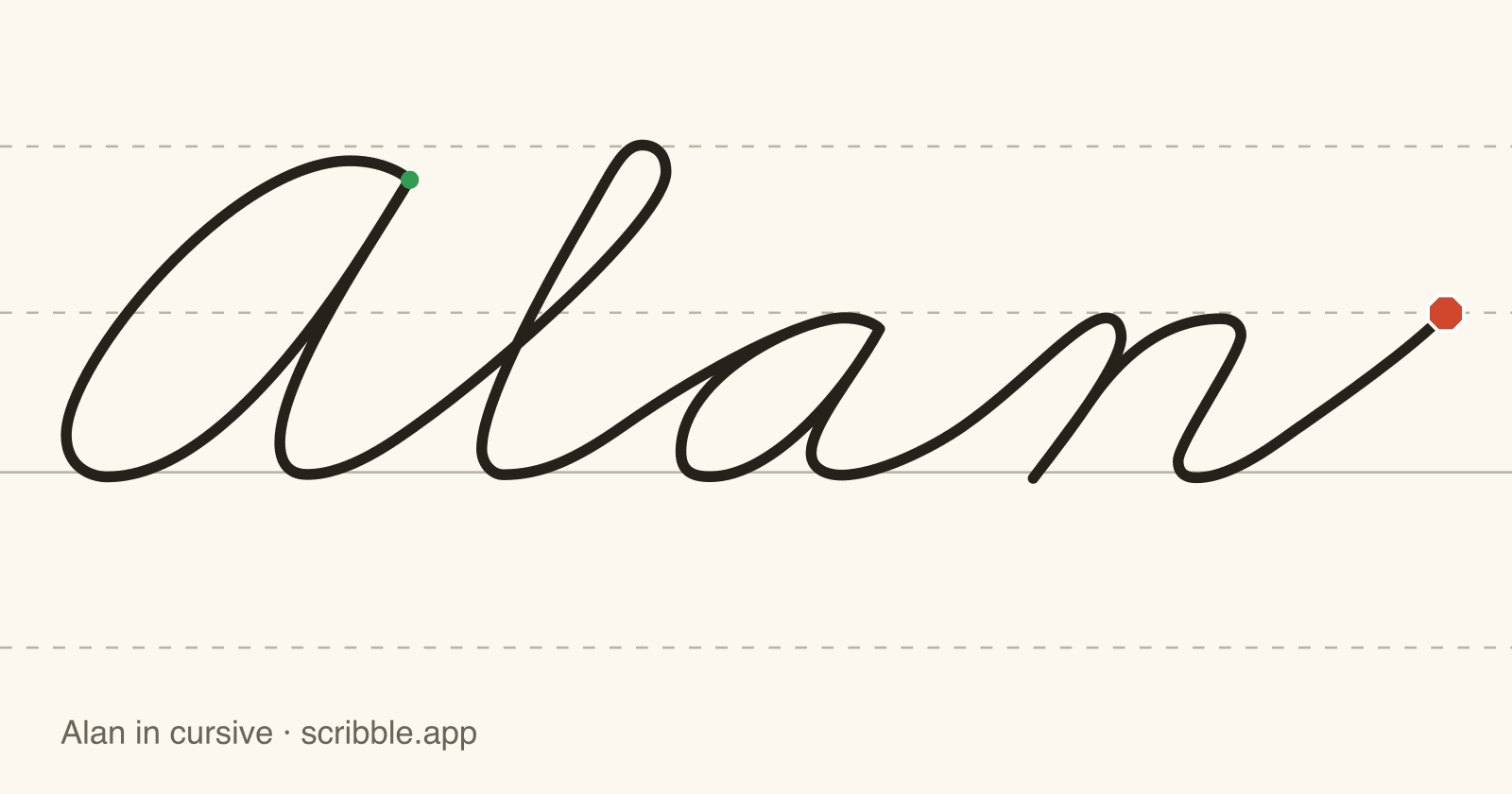 Alan written in cursive on handwriting guidelines, with a green starting dot and a red stop sign