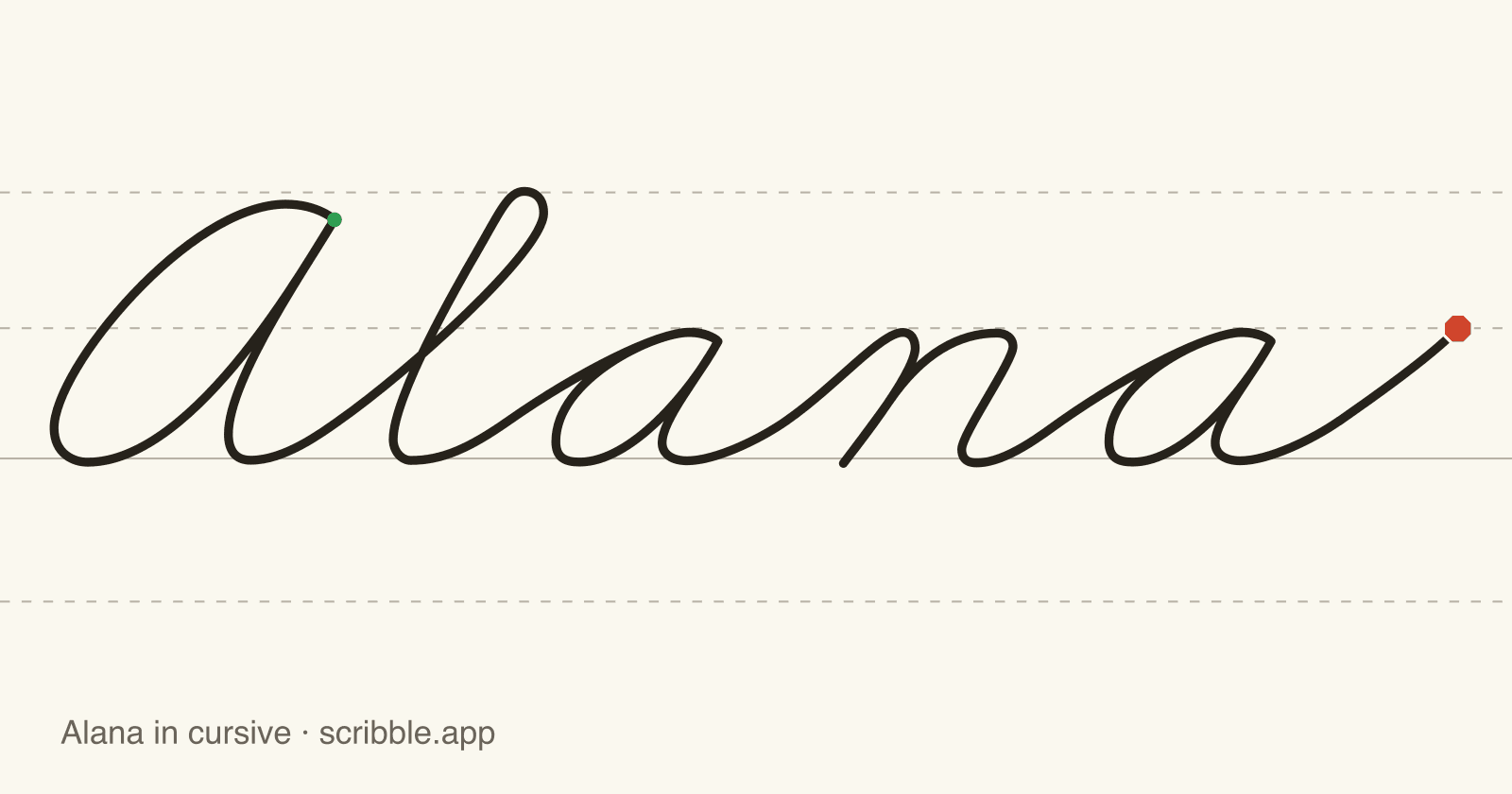 Alana written in cursive on handwriting guidelines, with a green starting dot and a red stop sign