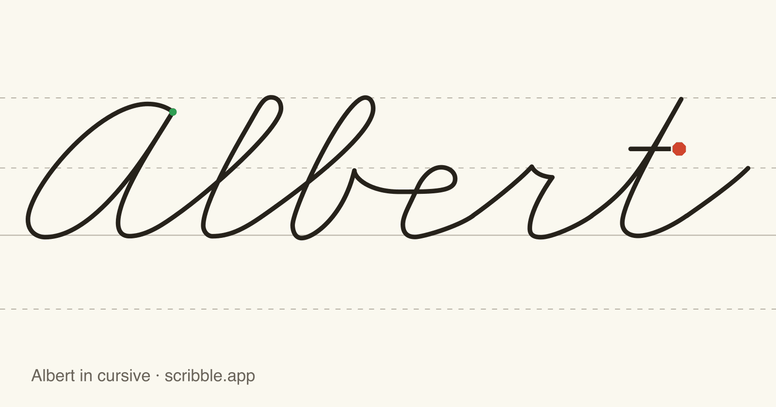 Albert written in cursive on handwriting guidelines, with a green starting dot and a red stop sign