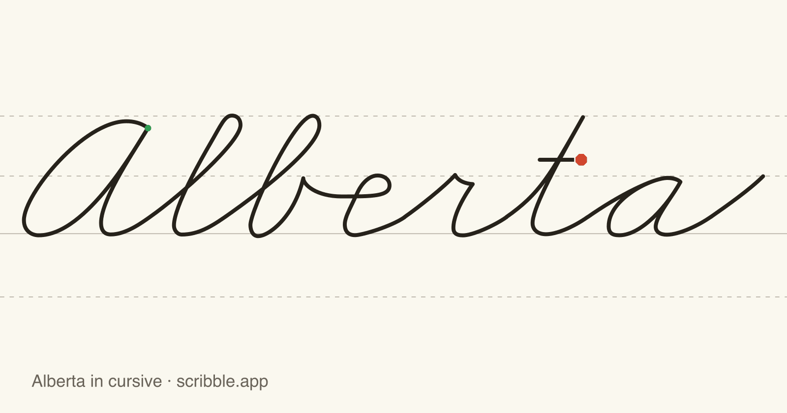 Alberta written in cursive on handwriting guidelines, with a green starting dot and a red stop sign