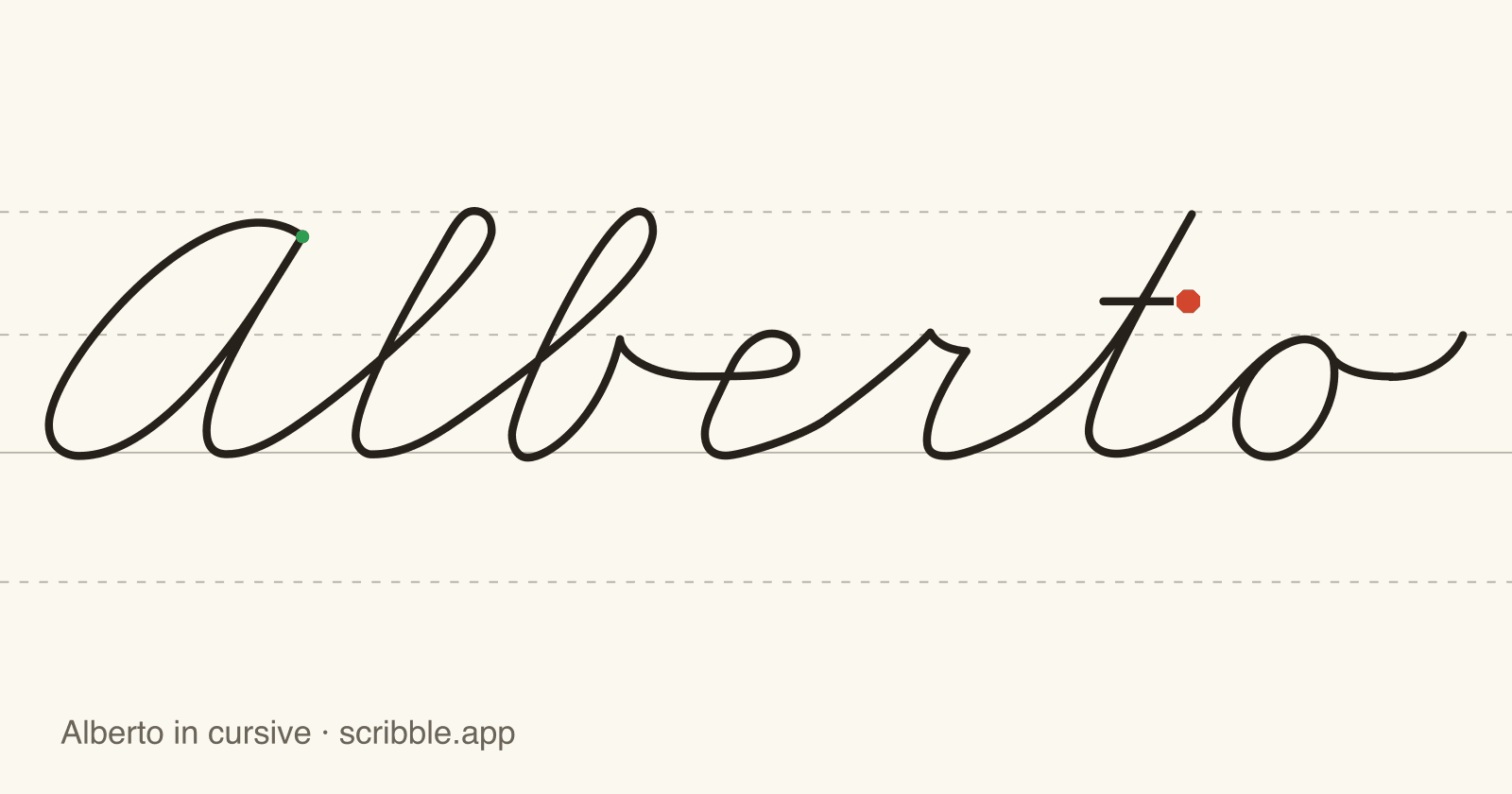 Alberto written in cursive on handwriting guidelines, with a green starting dot and a red stop sign
