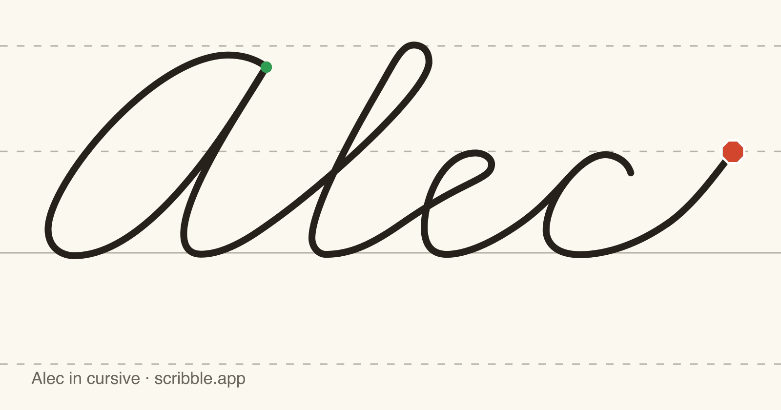 Alec written in cursive on handwriting guidelines, with a green starting dot and a red stop sign