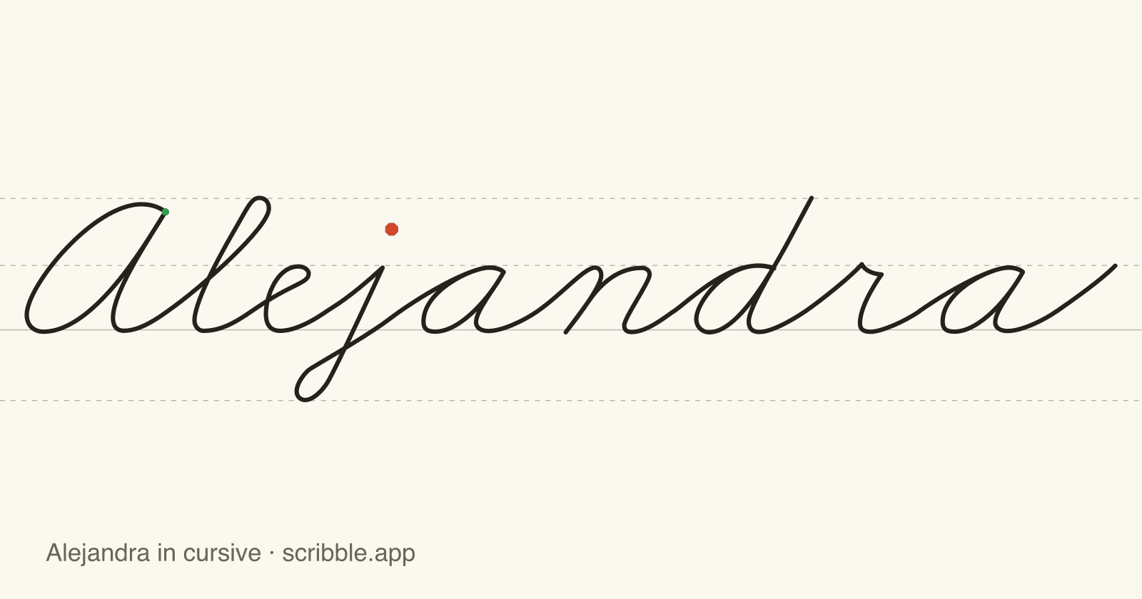 Alejandra written in cursive on handwriting guidelines, with a green starting dot and a red stop sign