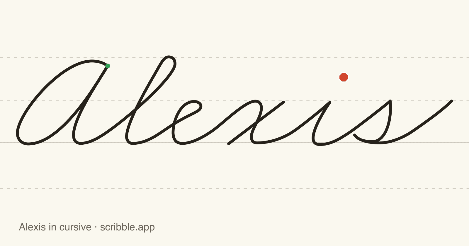 Alexis written in cursive on handwriting guidelines, with a green starting dot and a red stop sign