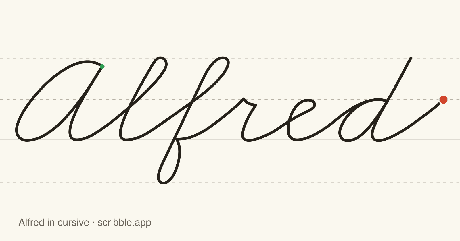 Alfred written in cursive on handwriting guidelines, with a green starting dot and a red stop sign