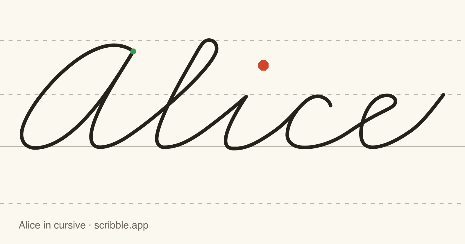 Alice written in cursive on handwriting guidelines, with a green starting dot and a red stop sign