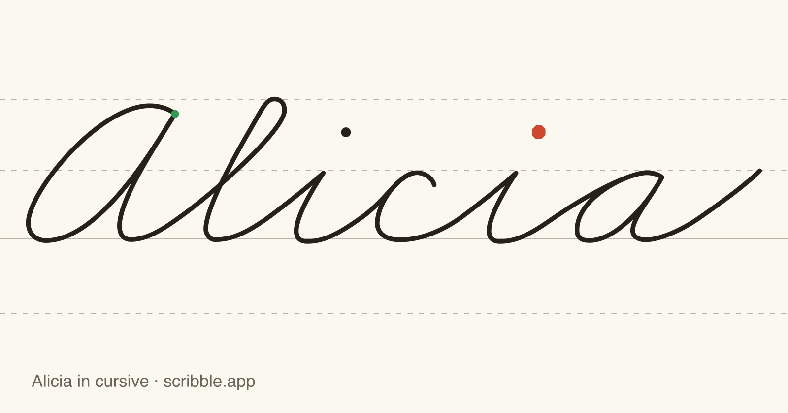 Alicia written in cursive on handwriting guidelines, with a green starting dot and a red stop sign