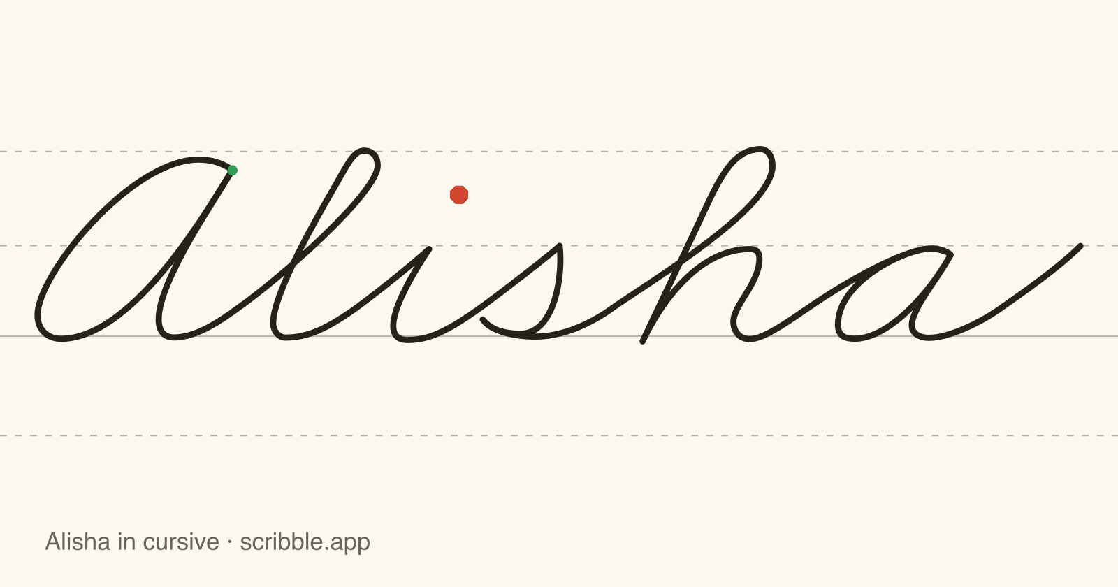 Alisha written in cursive on handwriting guidelines, with a green starting dot and a red stop sign