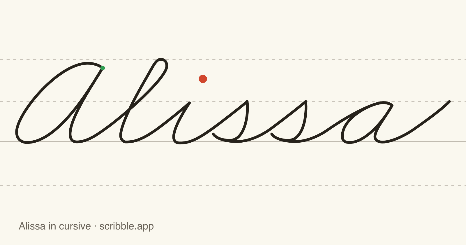 Alissa written in cursive on handwriting guidelines, with a green starting dot and a red stop sign