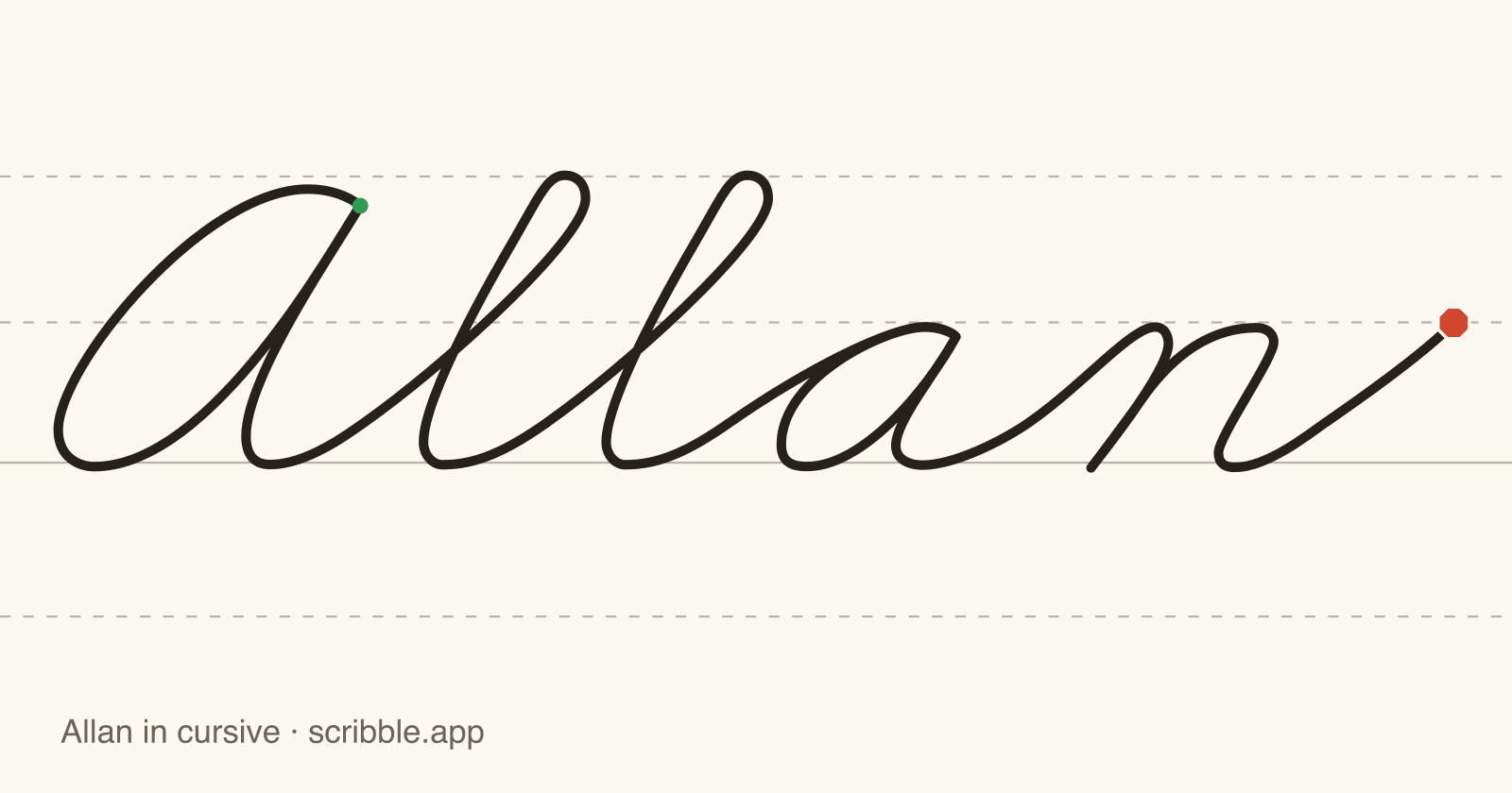 Allan written in cursive on handwriting guidelines, with a green starting dot and a red stop sign