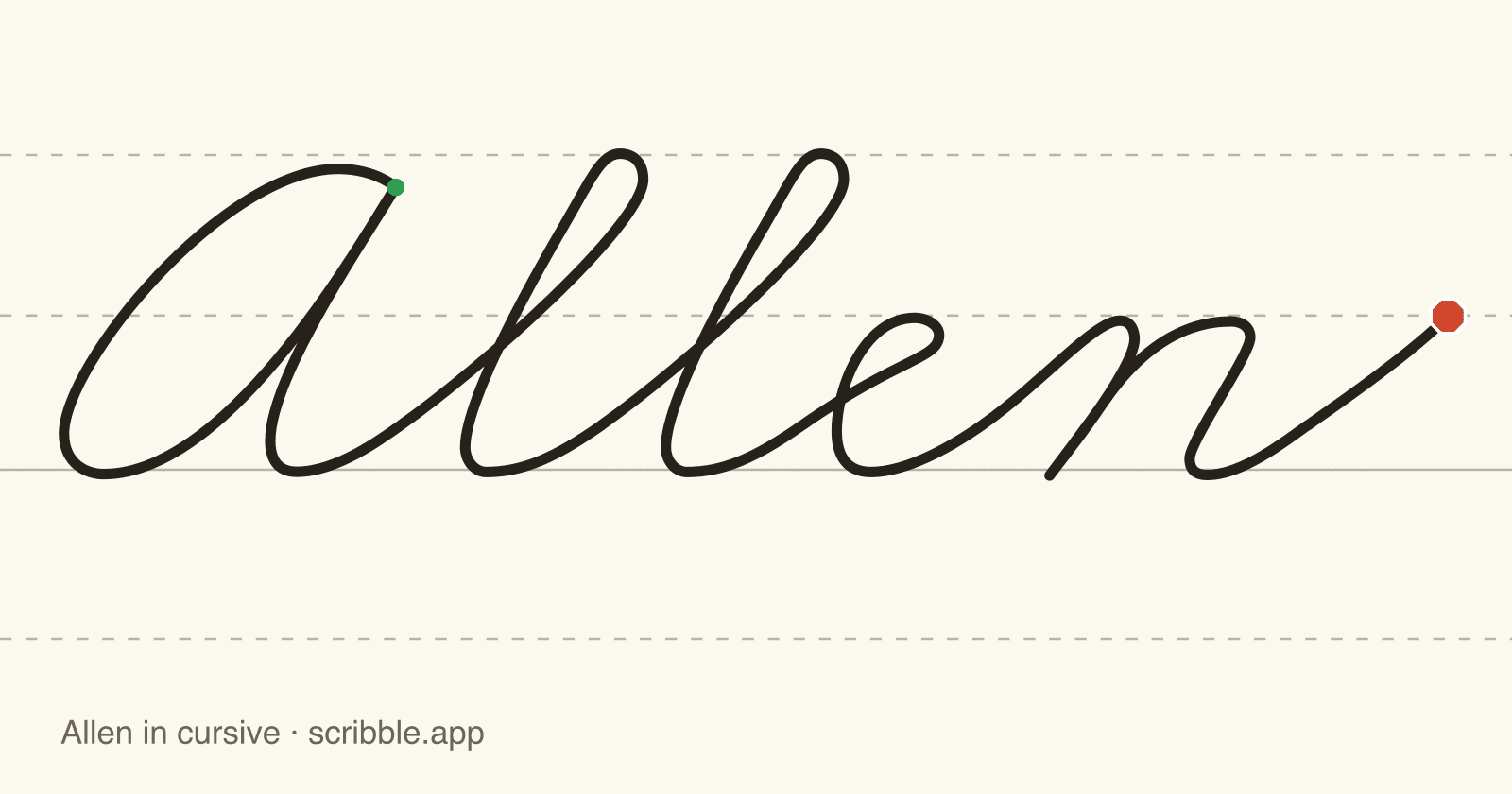 Allen written in cursive on handwriting guidelines, with a green starting dot and a red stop sign