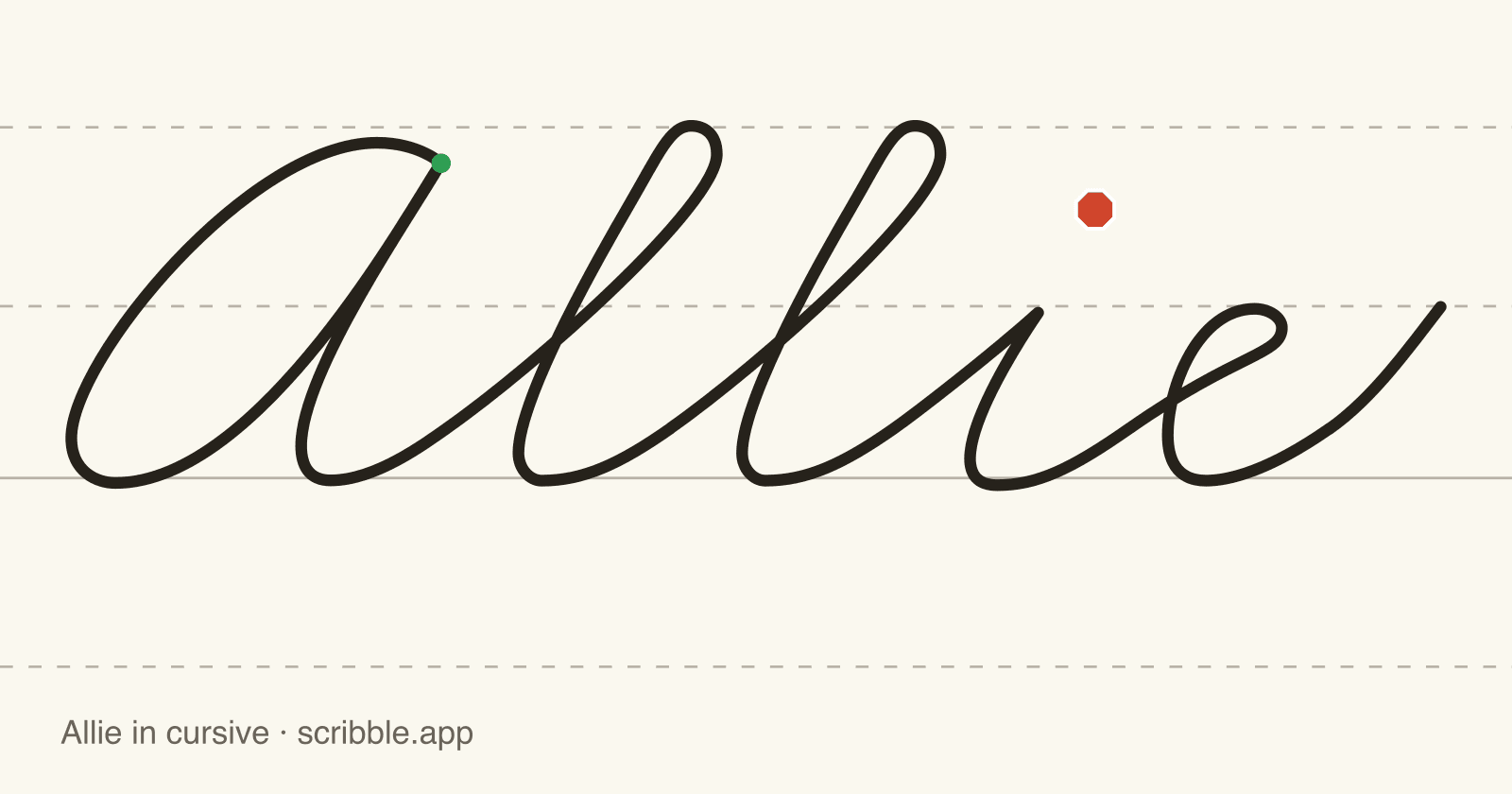 Allie written in cursive on handwriting guidelines, with a green starting dot and a red stop sign
