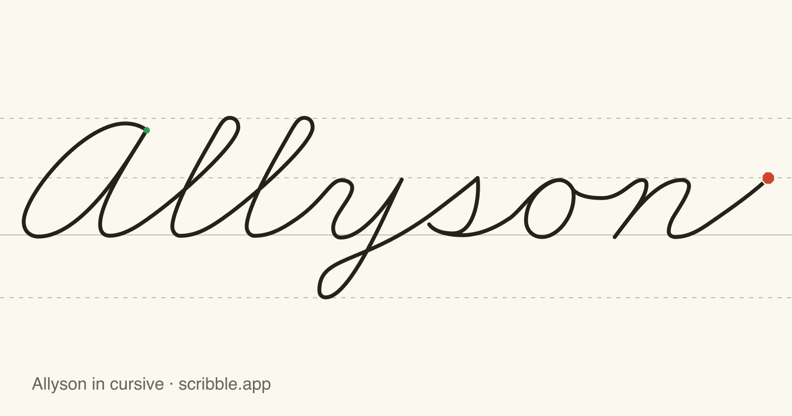 Allyson written in cursive on handwriting guidelines, with a green starting dot and a red stop sign