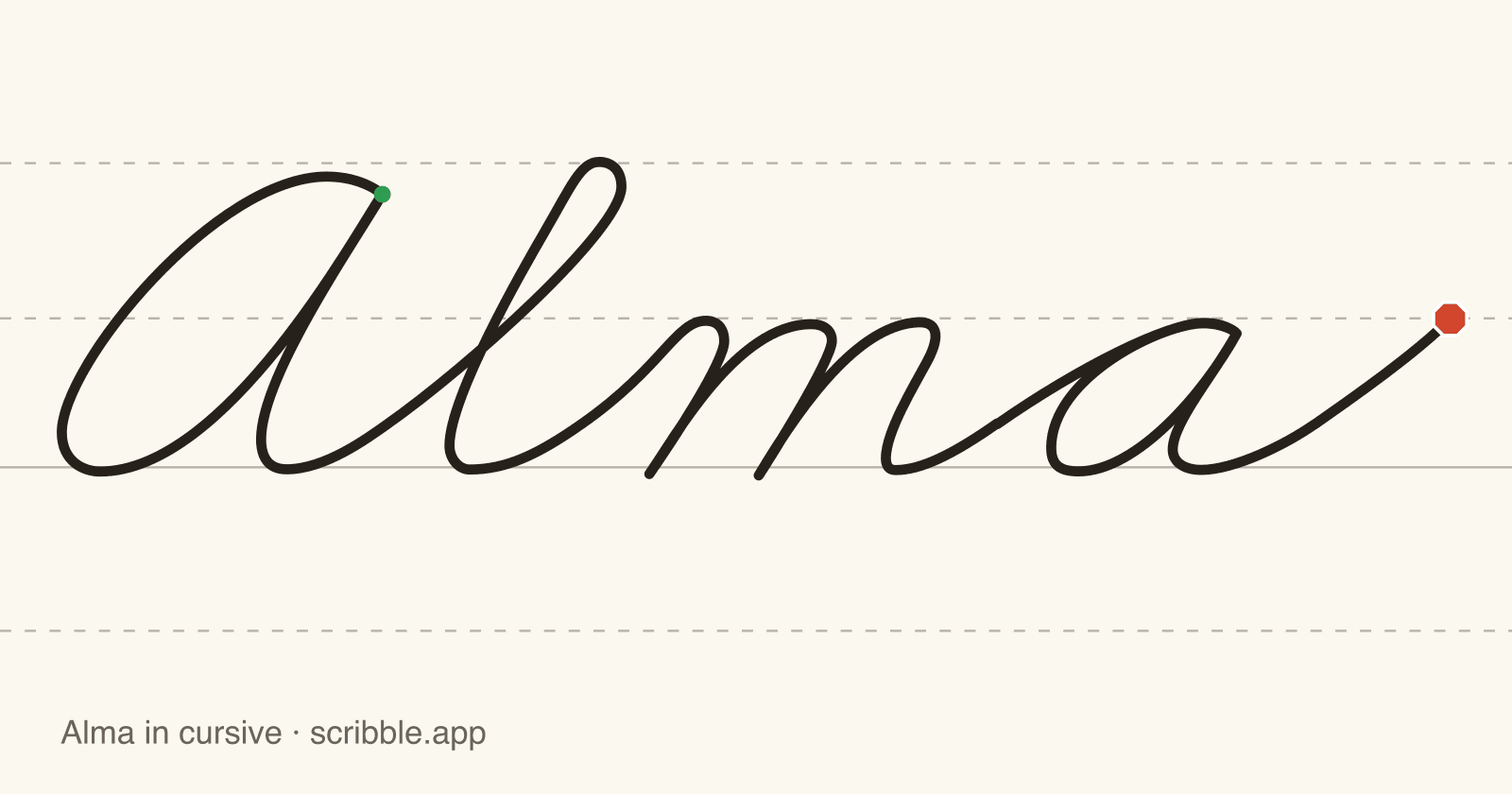 Alma written in cursive on handwriting guidelines, with a green starting dot and a red stop sign