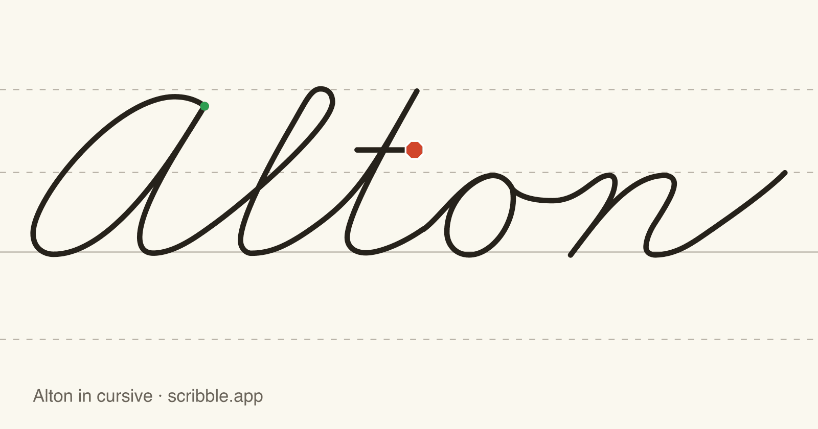 Alton written in cursive on handwriting guidelines, with a green starting dot and a red stop sign