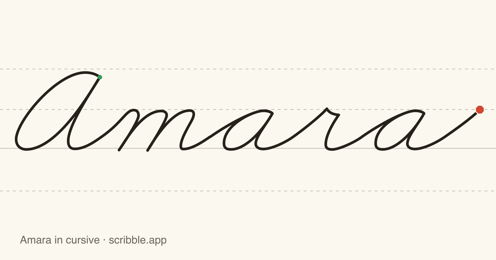 Amara written in cursive on handwriting guidelines, with a green starting dot and a red stop sign