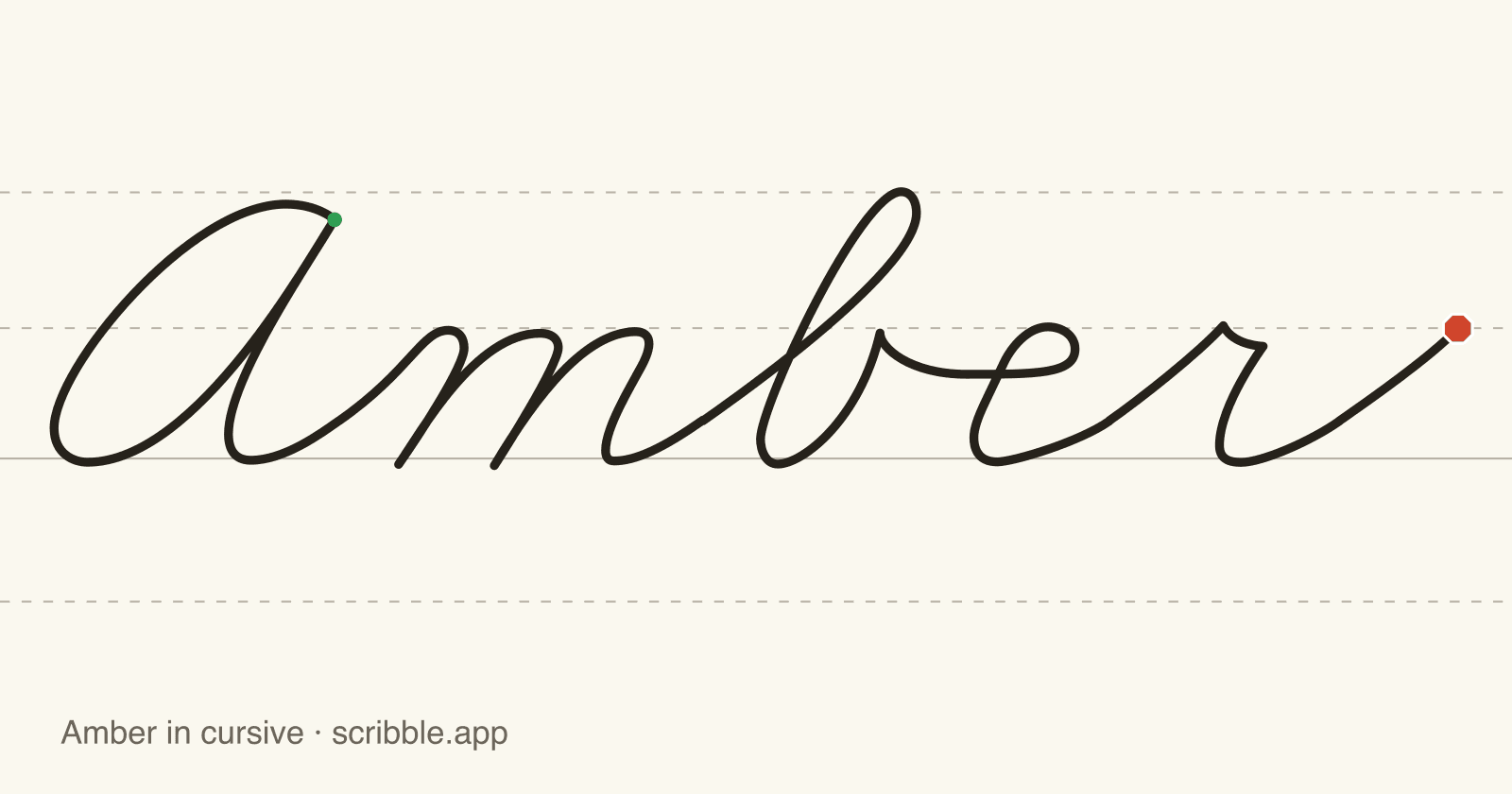 Amber written in cursive on handwriting guidelines, with a green starting dot and a red stop sign
