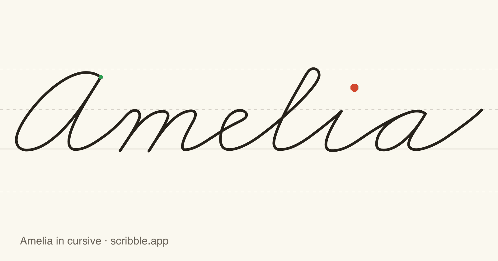 Amelia written in cursive on handwriting guidelines, with a green starting dot and a red stop sign