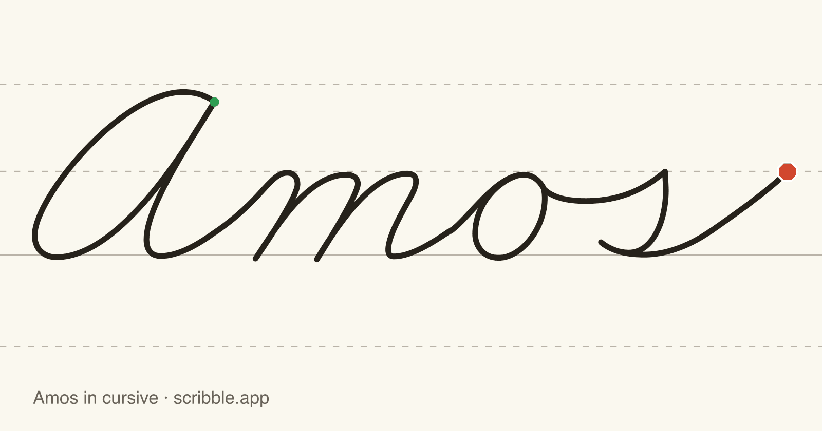 Amos written in cursive on handwriting guidelines, with a green starting dot and a red stop sign