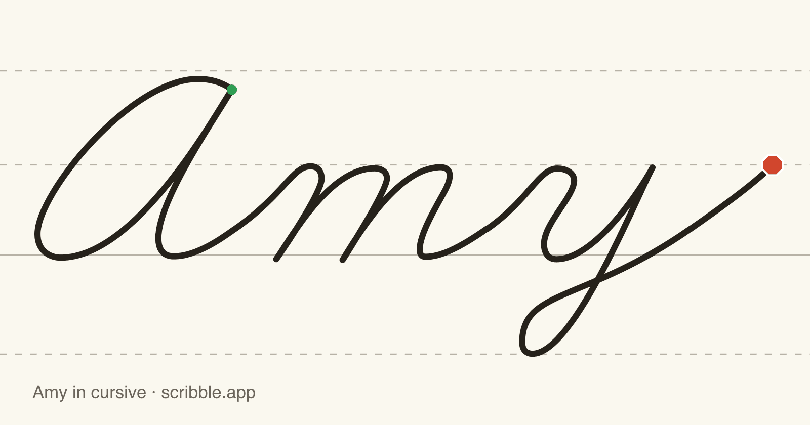 Amy written in cursive on handwriting guidelines, with a green starting dot and a red stop sign