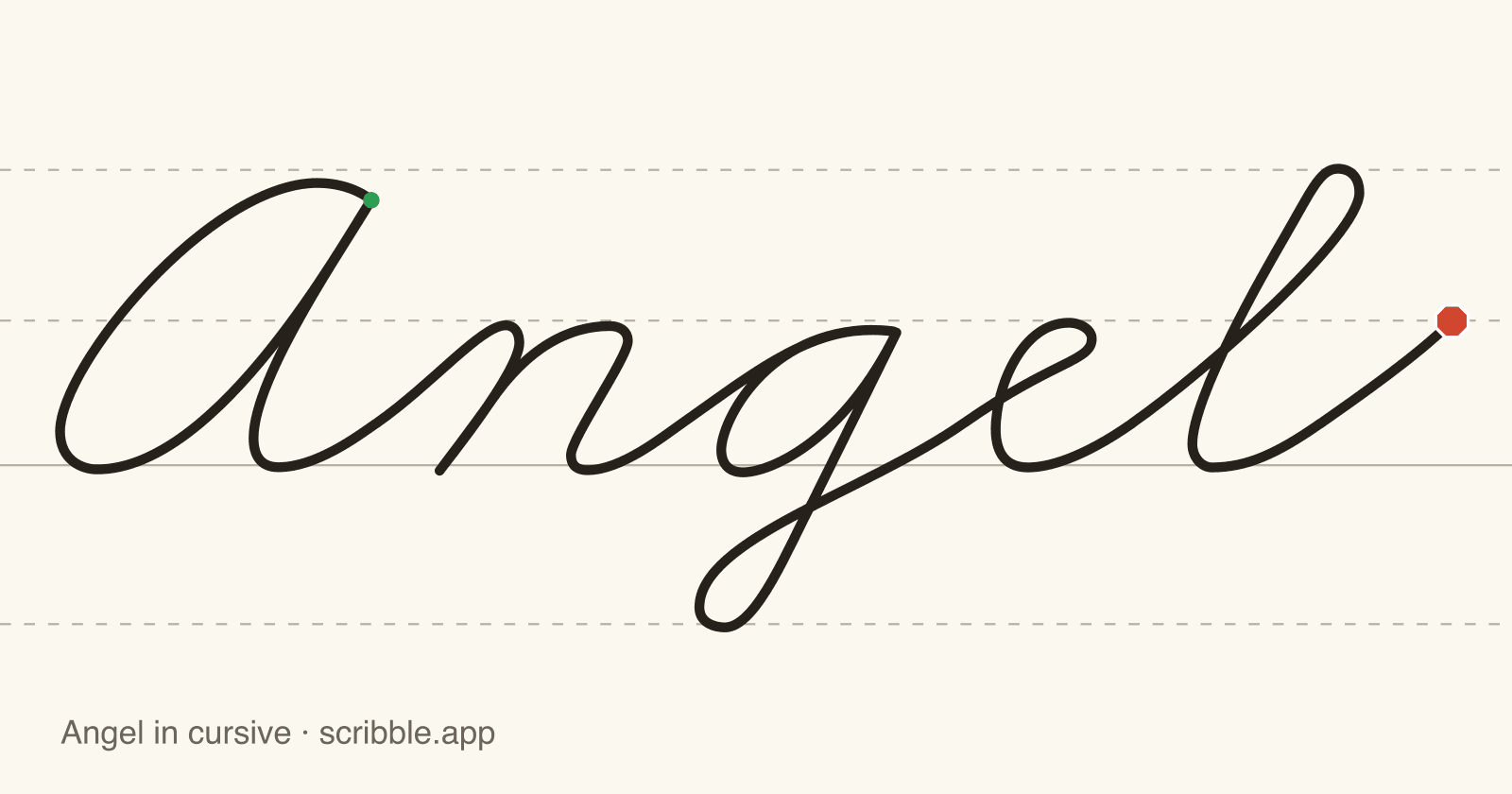 Angel written in cursive on handwriting guidelines, with a green starting dot and a red stop sign
