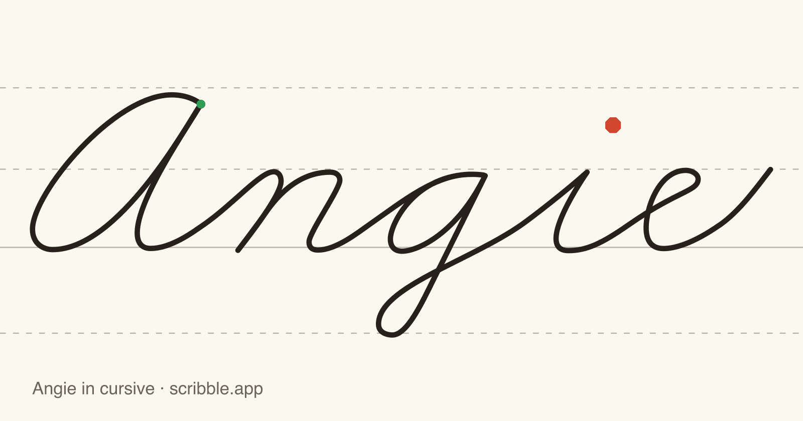 Angie written in cursive on handwriting guidelines, with a green starting dot and a red stop sign