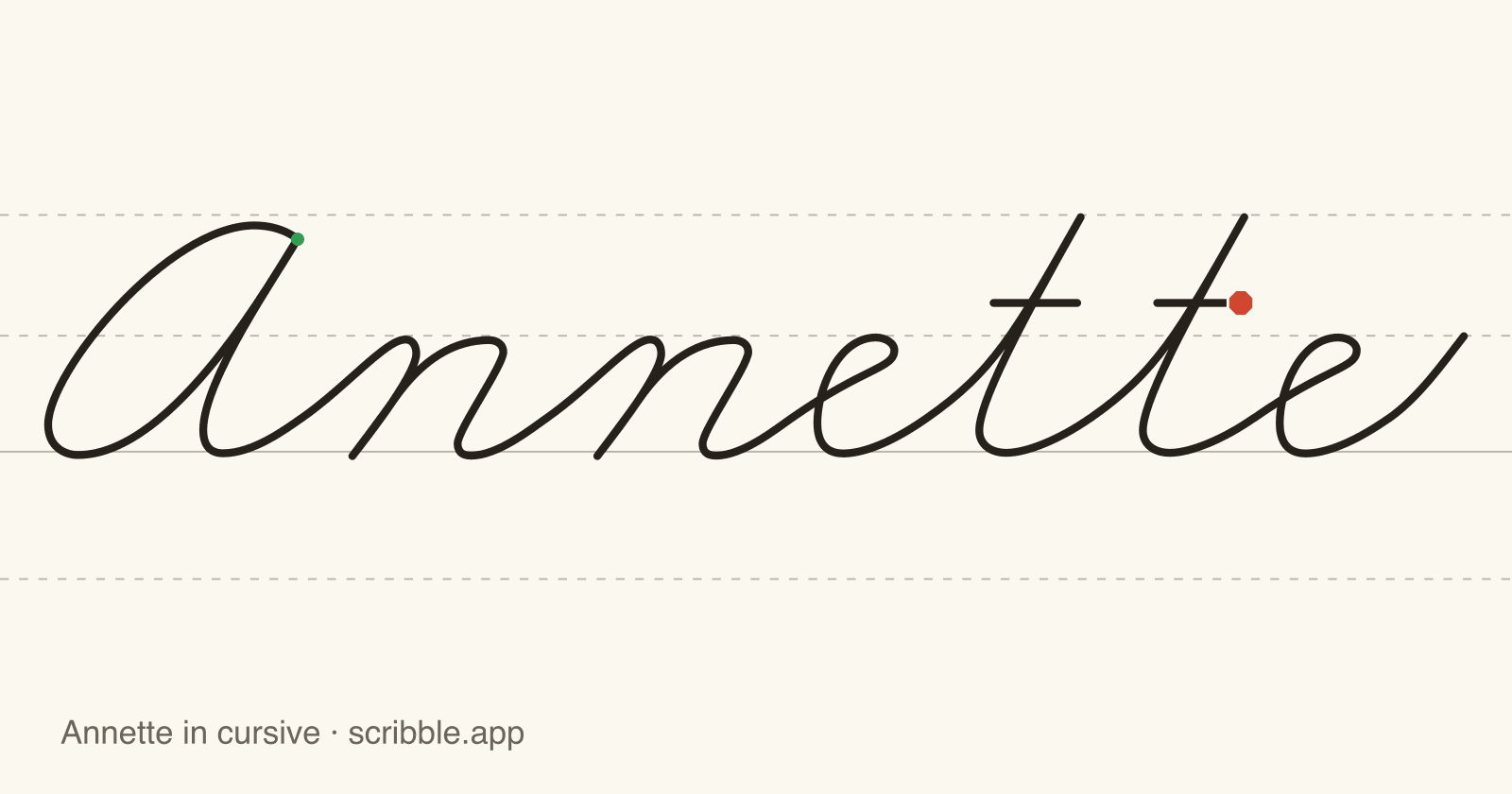 Annette written in cursive on handwriting guidelines, with a green starting dot and a red stop sign