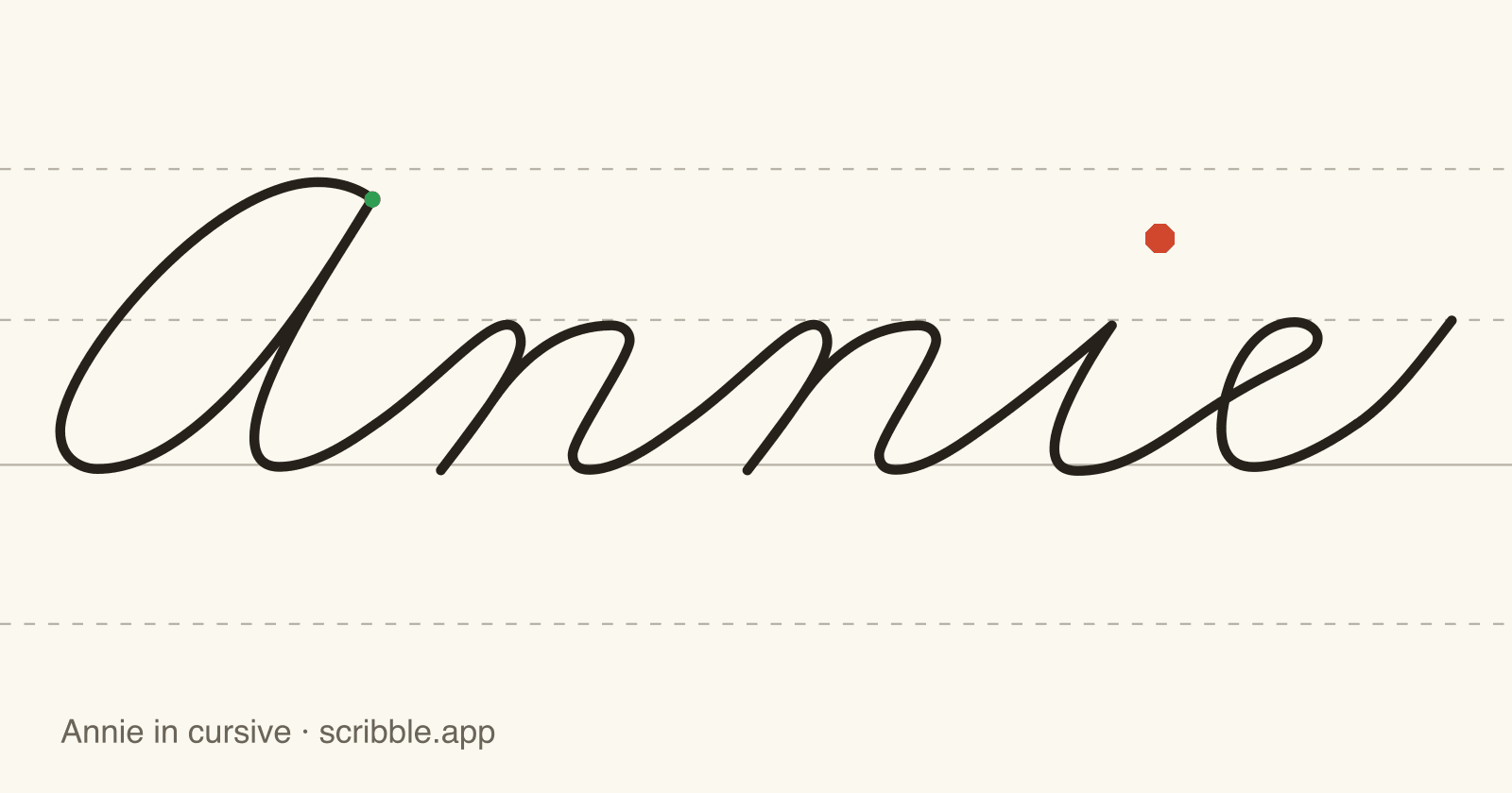Annie written in cursive on handwriting guidelines, with a green starting dot and a red stop sign