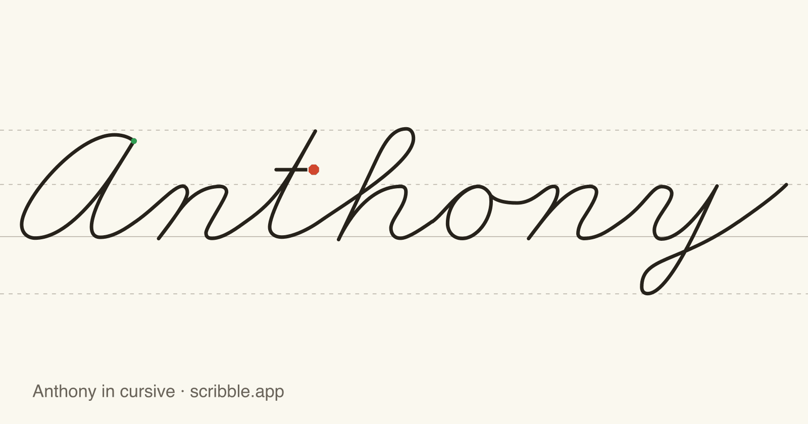 Anthony written in cursive on handwriting guidelines, with a green starting dot and a red stop sign