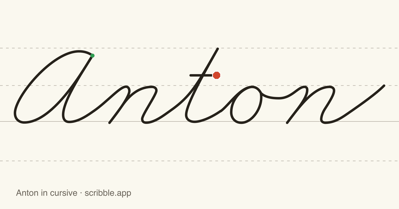 Anton written in cursive on handwriting guidelines, with a green starting dot and a red stop sign