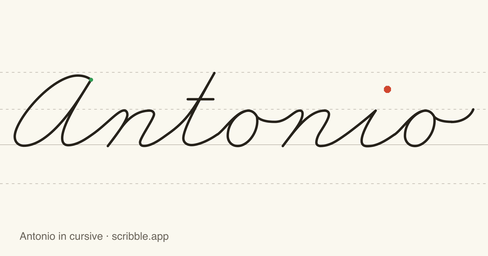 Antonio written in cursive on handwriting guidelines, with a green starting dot and a red stop sign