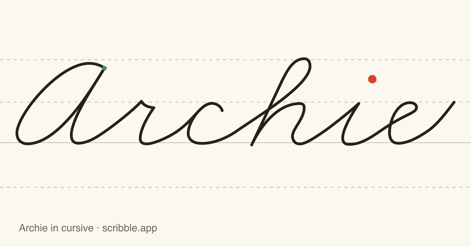 Archie written in cursive on handwriting guidelines, with a green starting dot and a red stop sign