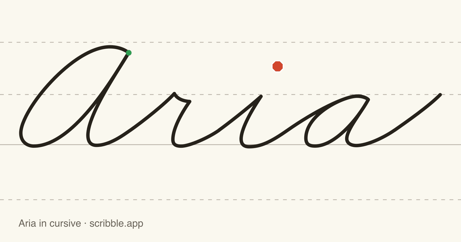 Aria written in cursive on handwriting guidelines, with a green starting dot and a red stop sign