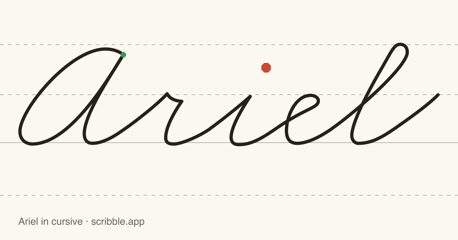 Ariel written in cursive on handwriting guidelines, with a green starting dot and a red stop sign