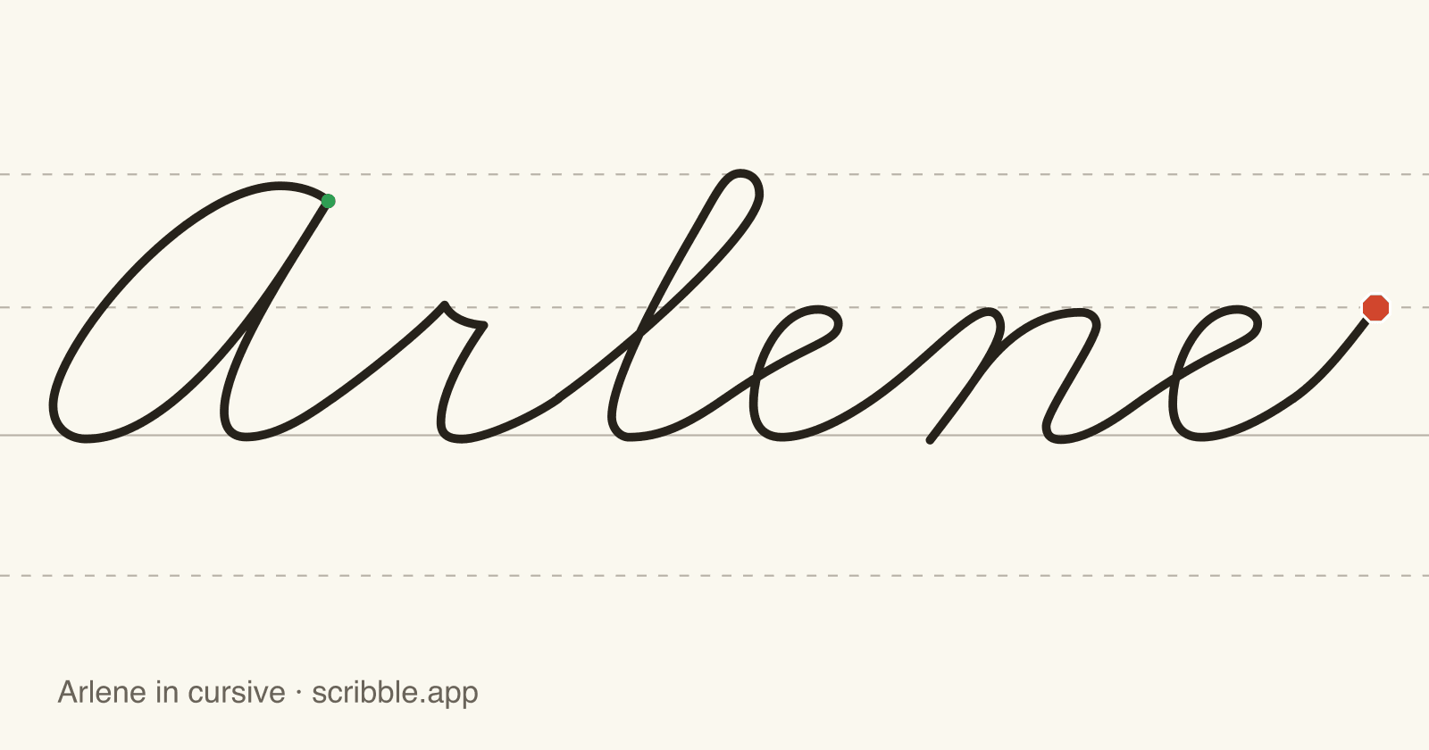 Arlene written in cursive on handwriting guidelines, with a green starting dot and a red stop sign
