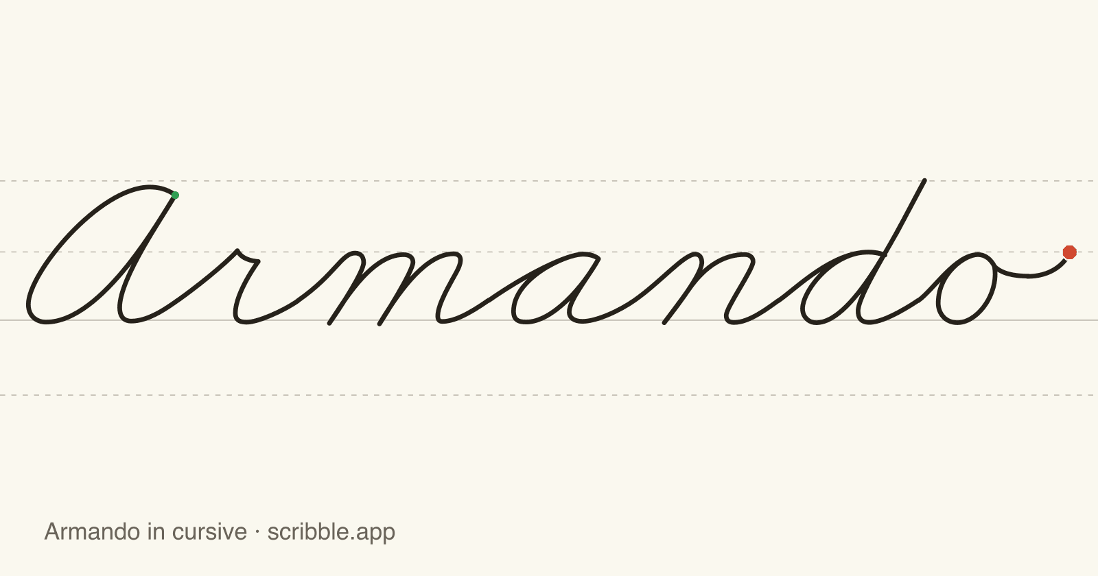 Armando written in cursive on handwriting guidelines, with a green starting dot and a red stop sign