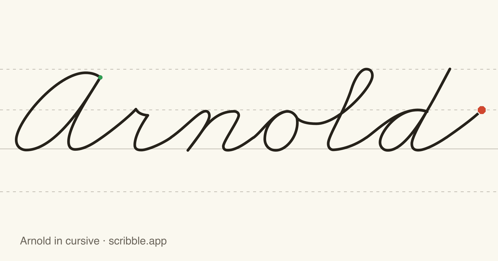 Arnold written in cursive on handwriting guidelines, with a green starting dot and a red stop sign