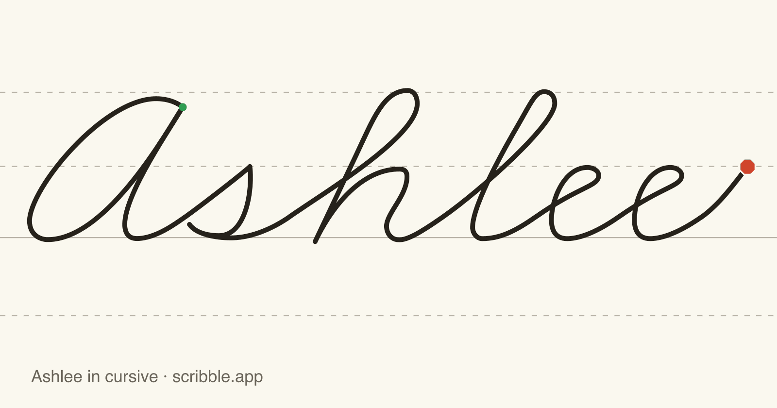 Ashlee written in cursive on handwriting guidelines, with a green starting dot and a red stop sign