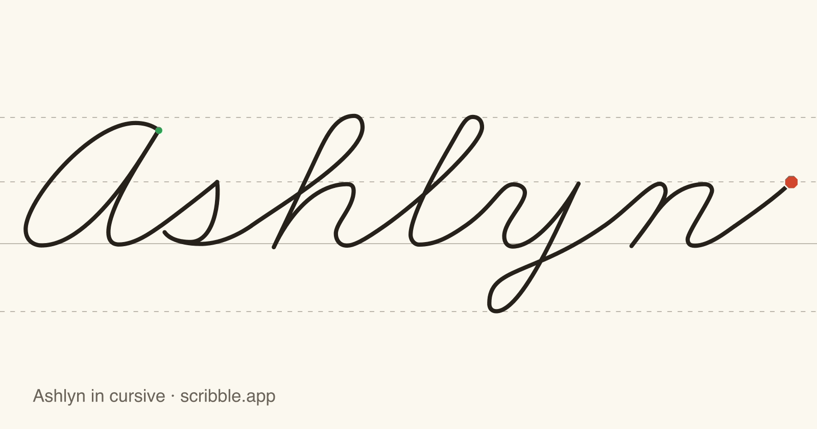 Ashlyn written in cursive on handwriting guidelines, with a green starting dot and a red stop sign