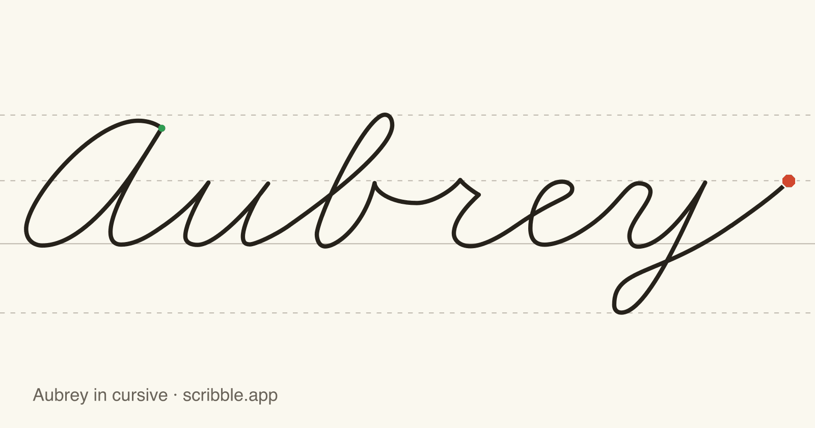 Aubrey written in cursive on handwriting guidelines, with a green starting dot and a red stop sign