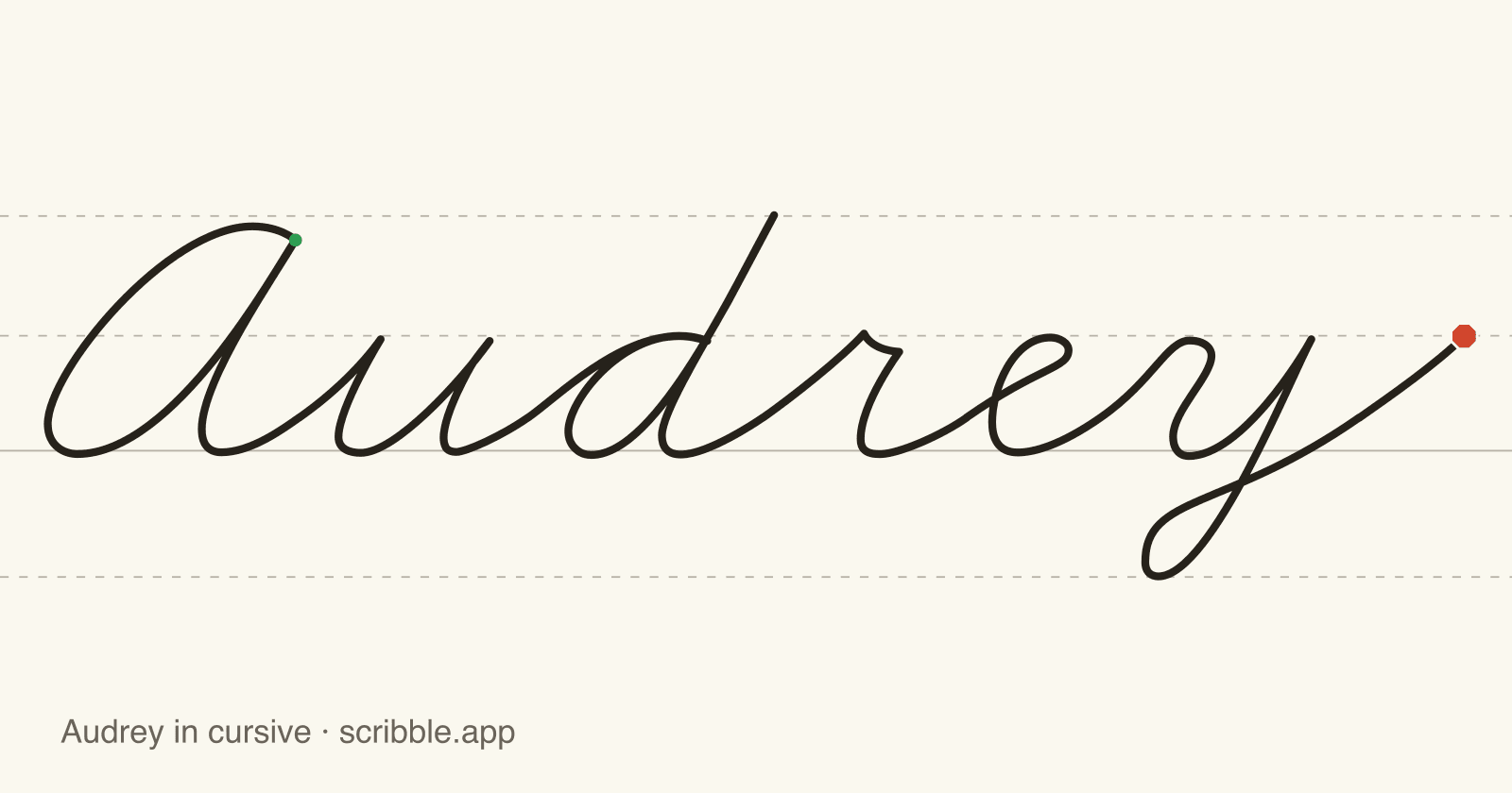 Audrey written in cursive on handwriting guidelines, with a green starting dot and a red stop sign