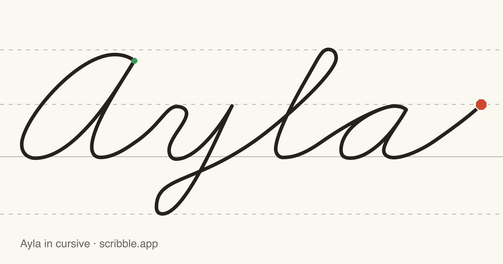 Ayla written in cursive on handwriting guidelines, with a green starting dot and a red stop sign
