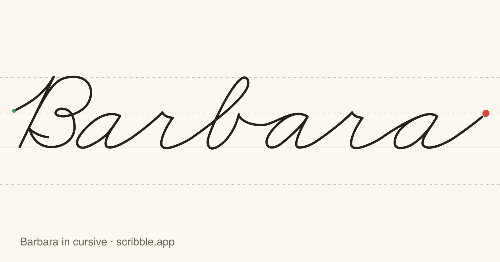 Barbara written in cursive on handwriting guidelines, with a green starting dot and a red stop sign